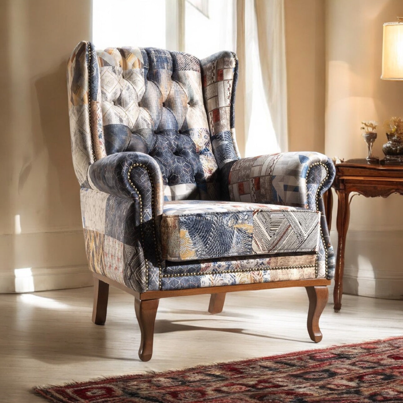 Quinn Multi Blue & Neutral Patchwork Chair