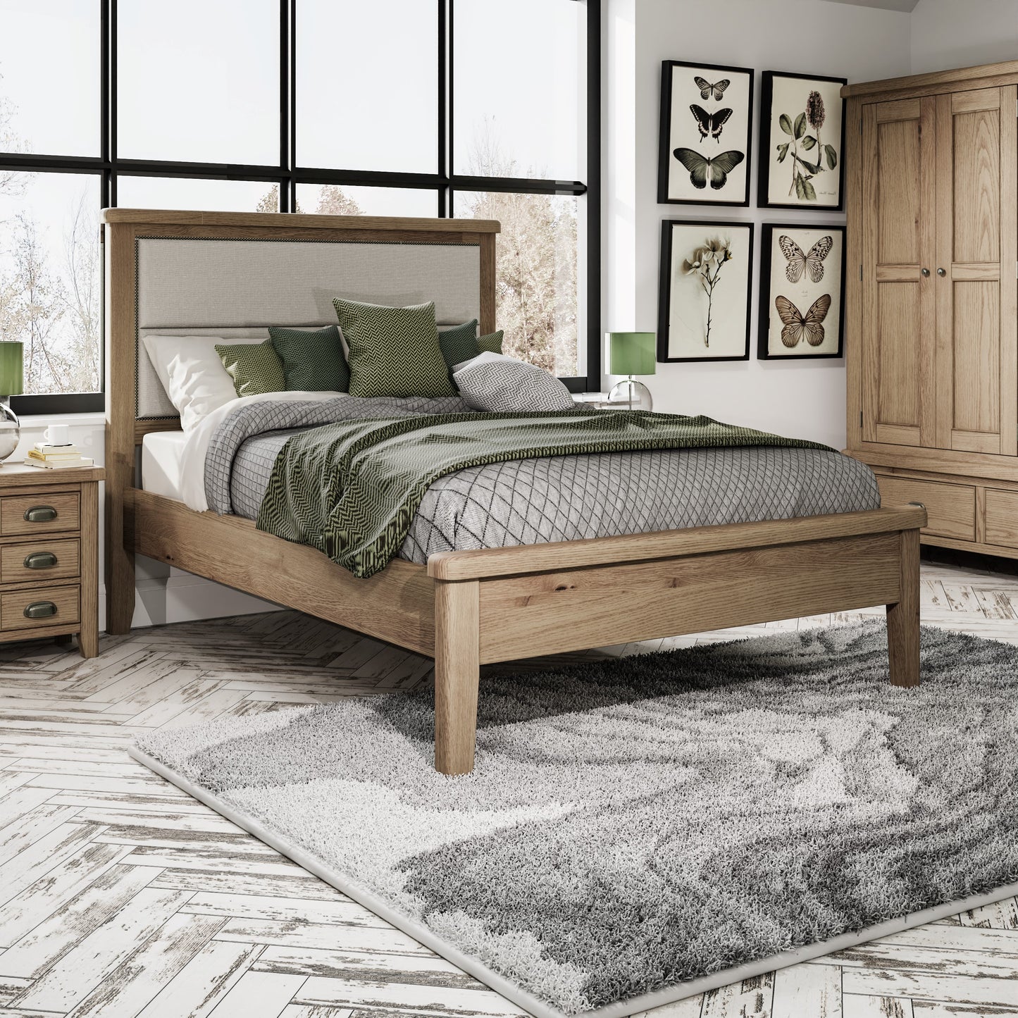 Heritage Oak Fixed Bed Frame - Fabric Headboard